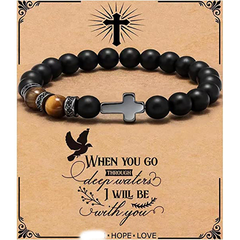 Minimalist Matte Black Beaded Bracelet with Small Cross Pendant Unisex Gift