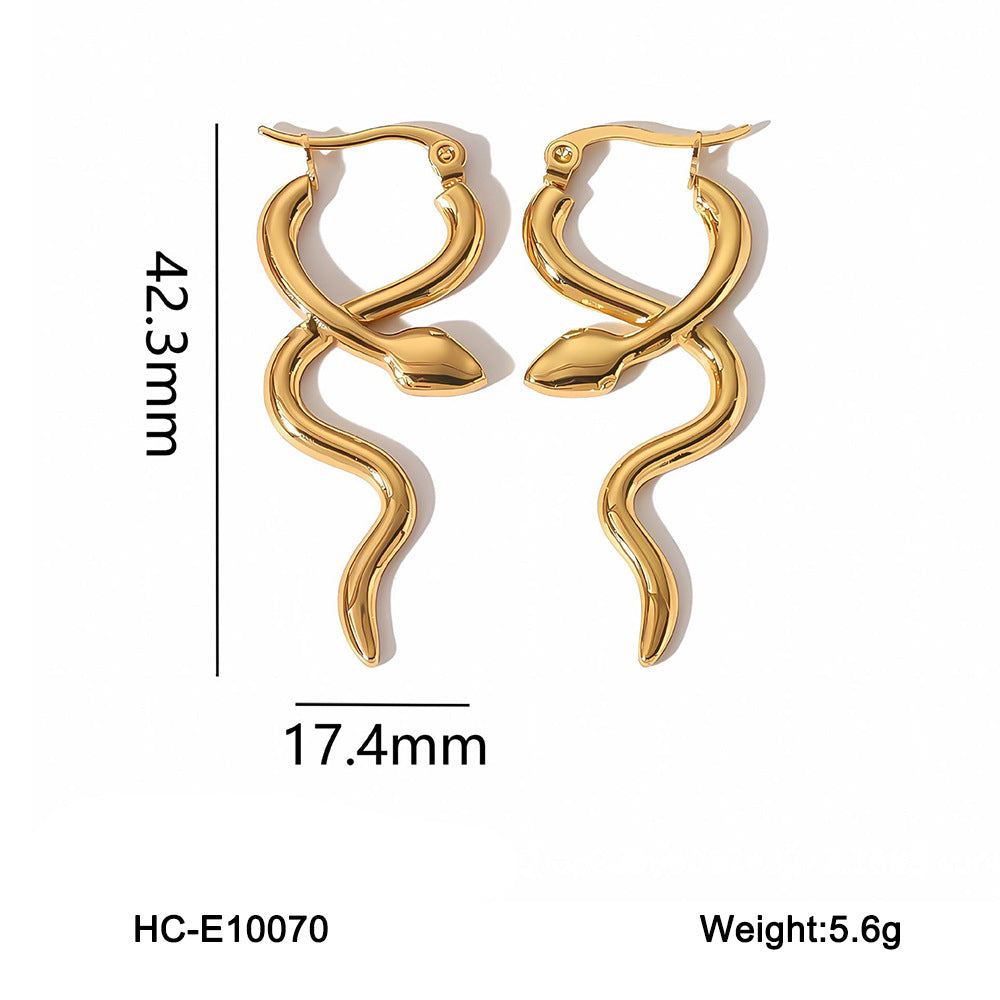 Snake Shape Stainless Steel Earrings with 18K Gold Plating for Women — Geometric, Stylish, Unique, High-End Fashion Ear Cuffs