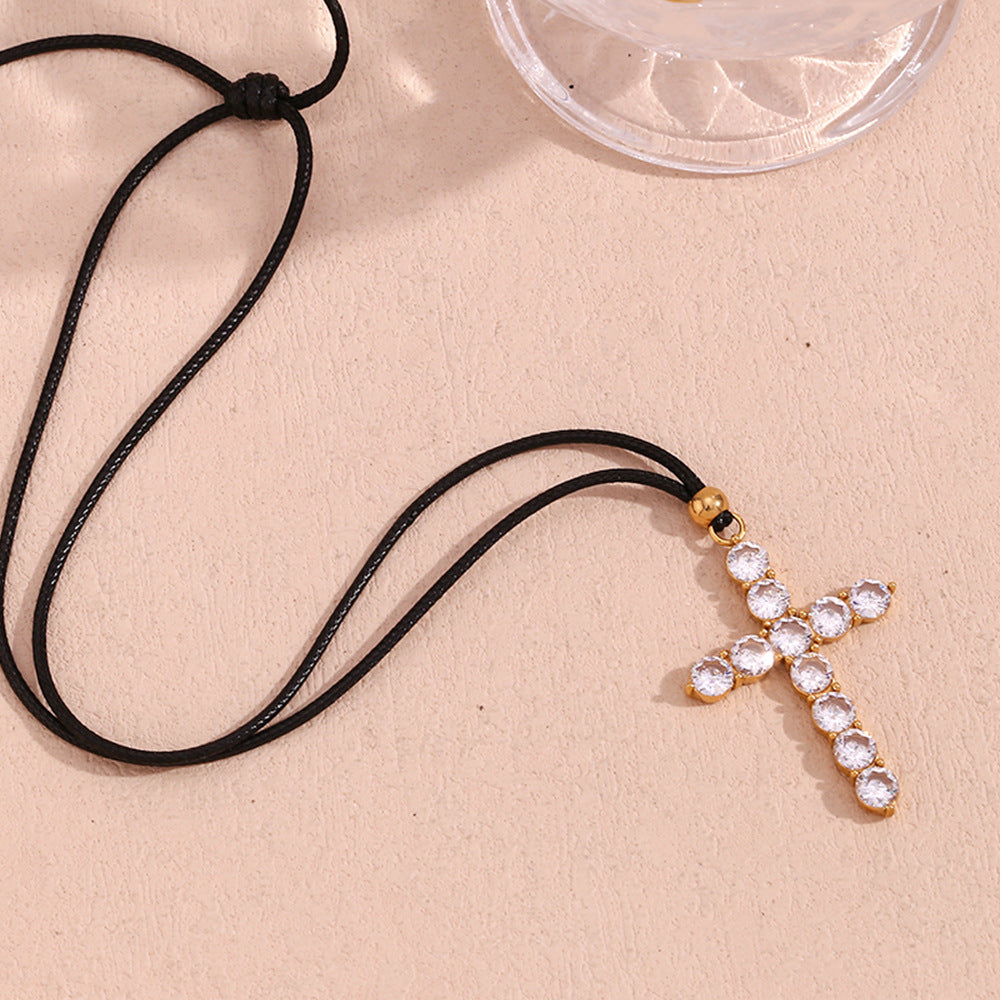 Fashionable Cross-Shaped Pendant Necklace in Stainless Steel with 18K Gold Plating on Black Cord for Women