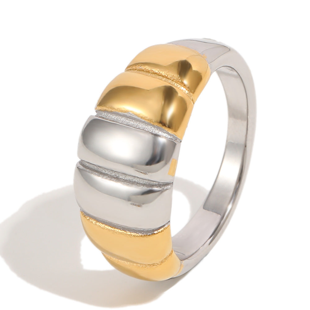 Minimalist Geometric 18K Gold Plated Stainless Steel Bread Joint Line Ring for Women