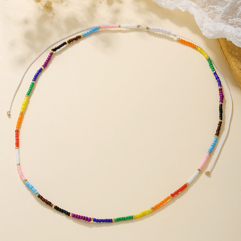 Bohemian Rainbow Glass Beads Handmade Adjustable Multi-Layer Wax Cord Necklace