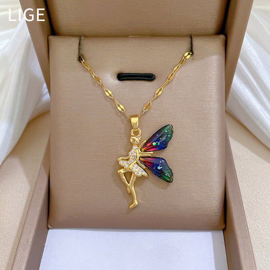 Lujoso y dulce collar de geometría fresca con pedrería, en acero de titanio con colgante de cobre