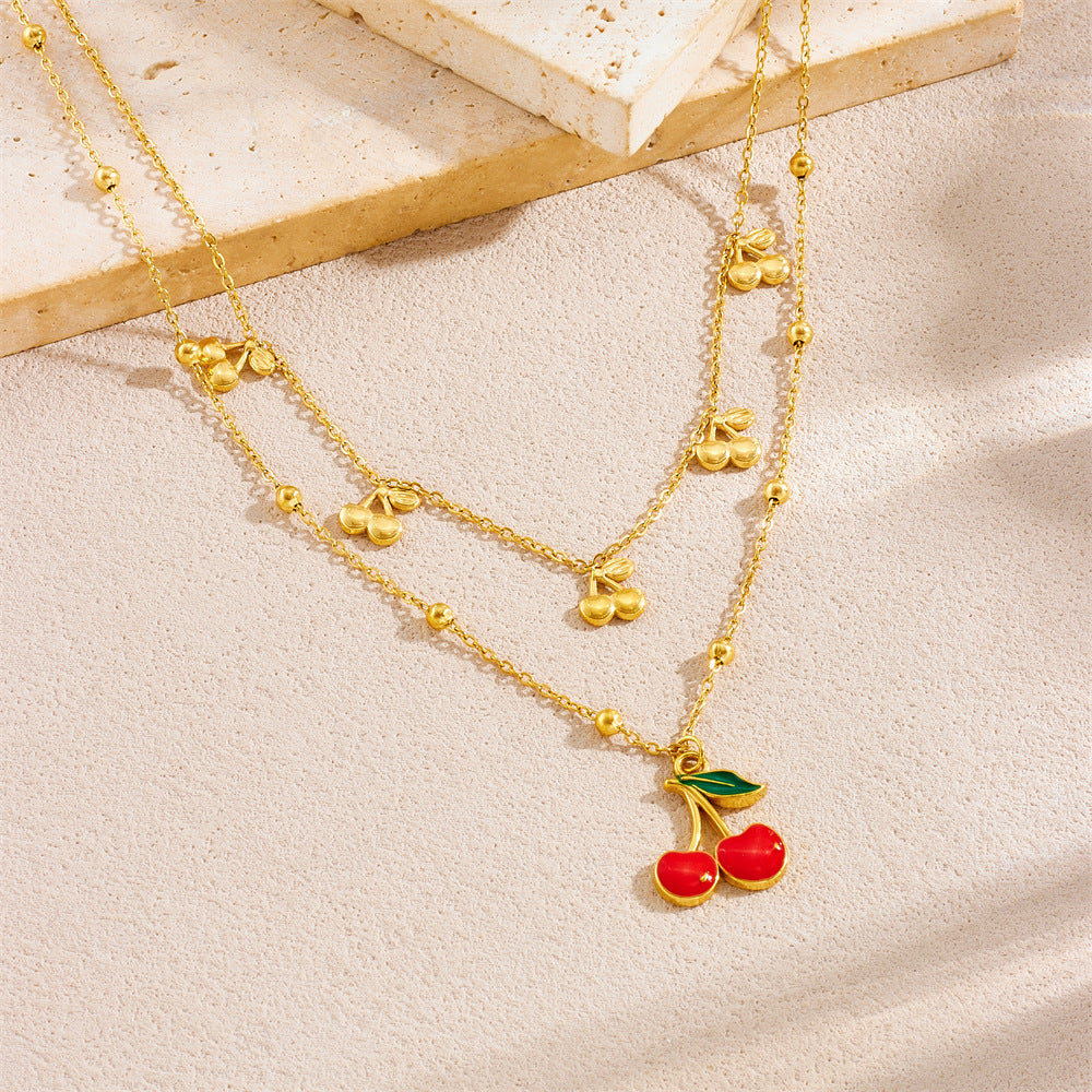 Sweet Red Drip Oil Cherry Fruit Pendant Stainless Steel Double Layer Cable Chain Necklace