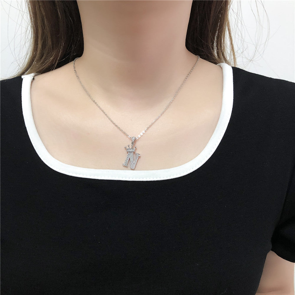 Minimalist White Gold Plated Crown Letter Pendant Necklace with Micro-Pave Cubic Zirconia for Women
