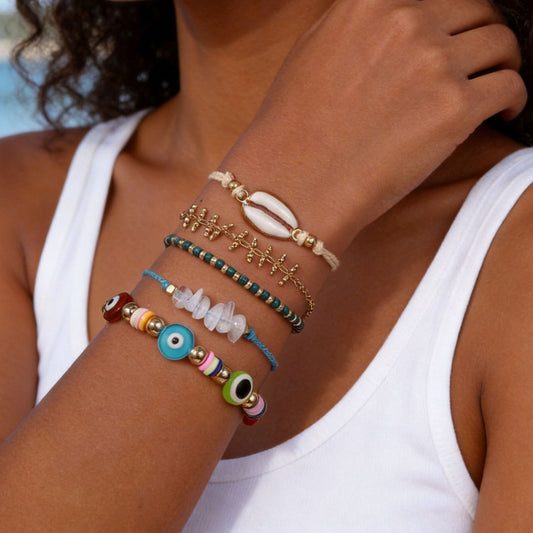 Bohemian Geometric Round Shell and Seed Bead Alloy Bracelet Set for Women