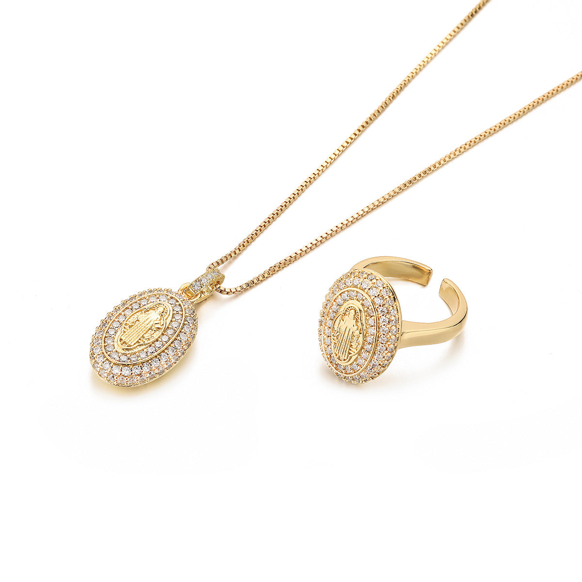 Set di collana e anello minimalista con Madonna in rame placcato oro e zirconia micro-pavé su catena box