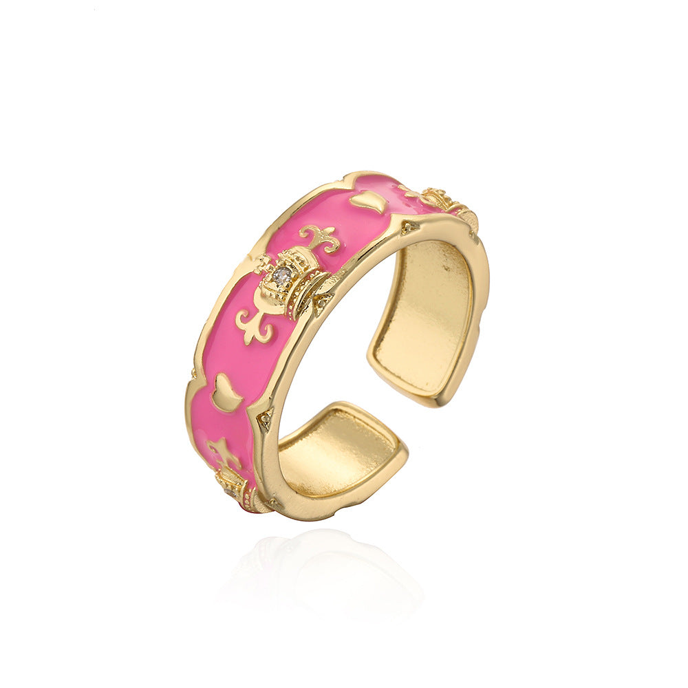 Minimalist Geometric Copper Ring with 18K Gold Plating, Enamel Crown Design and Zircon Inlay for Women