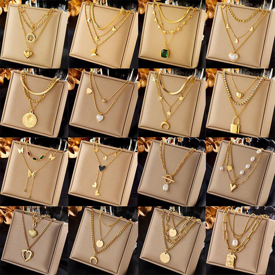 Vintage Luxury Gold Plated Heart Butterfly Round Stainless Steel Necklace with Pearl Multi-Layer