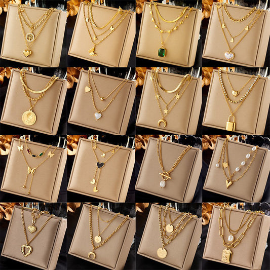 Vintage Luxury Gold Plated Heart Butterfly Round Stainless Steel Necklace with Pearl Multi-Layer