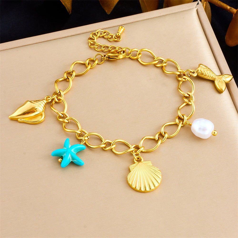Fashionable Stainless Steel Pearl Sea Star Pendant Bracelet with 18K Gold Plating for Women