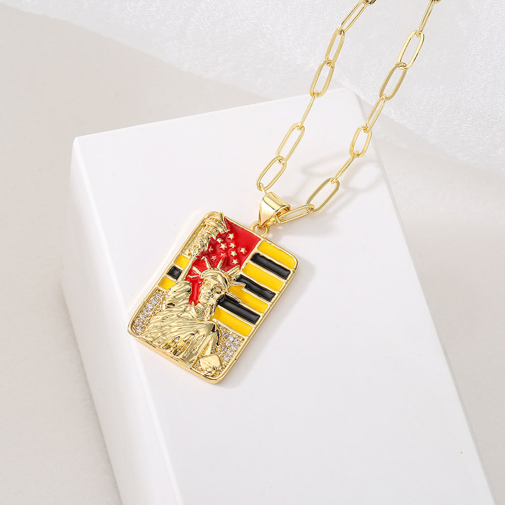 Minimalist Square Liberty Goddess Pendant Necklace for Women with Copper Base Plated in Real Gold and Enamel Finish with Micro-Pave Zirconia