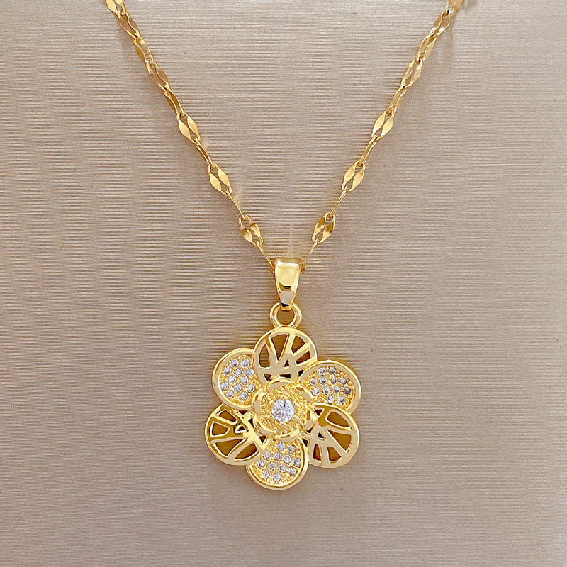 Collana con pendente a fiore girevole di lusso da donna in acciaio inossidabile, catena a medaglione geometrica per banchetti nuziali ed eleganza quotidiana