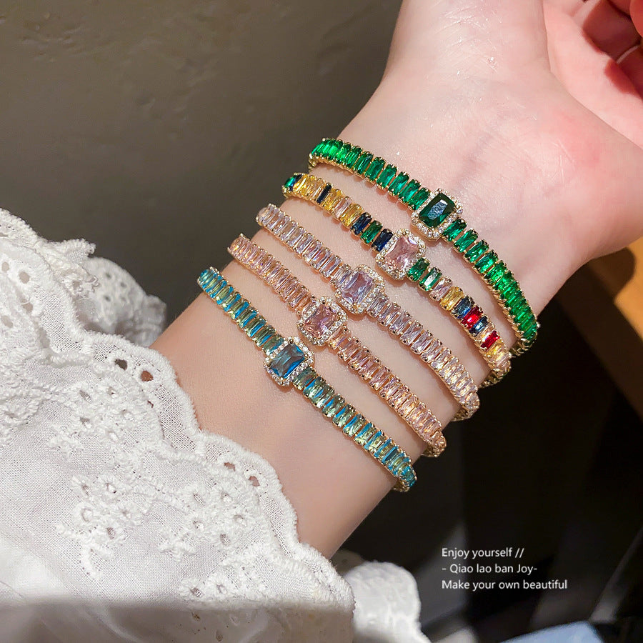 Elegant Luxury Geometric Square Round Cubic Zirconia Inlaid Brass Bracelet for Women
