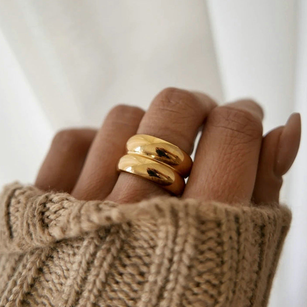 Anillo de acero titanio geométrico de doble capa con baño de oro de 18 quilates estilo minimalista Ins para mujer