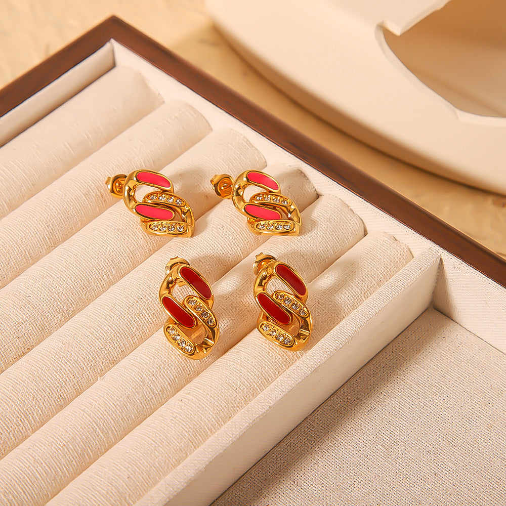 Vintage French Style Geometric Stainless Steel Earrings with 18K Gold Plating Enamel Finish and Zircon Inlay