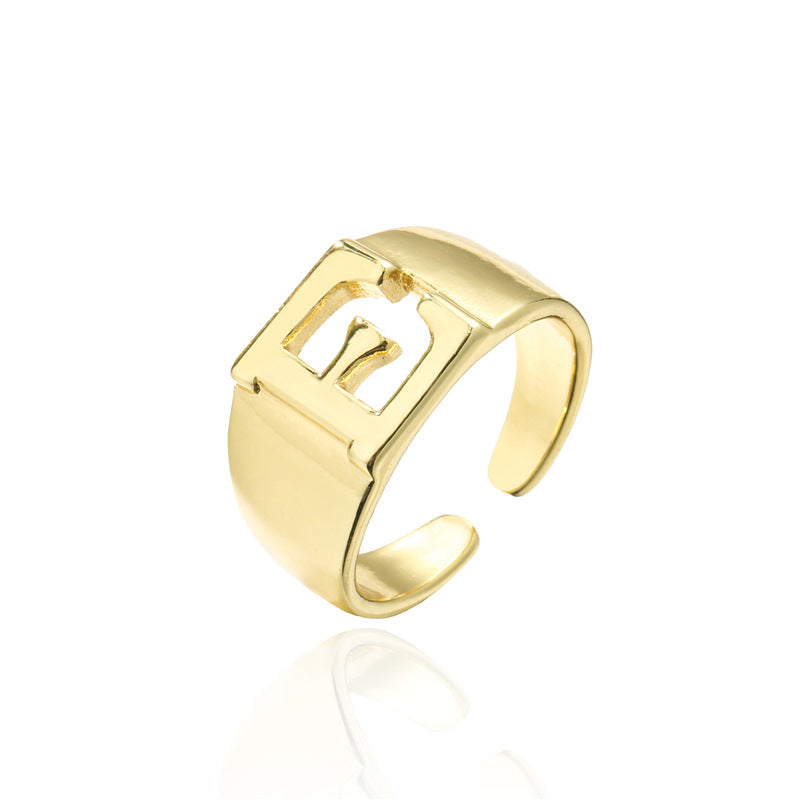18K Gold Plated Brass Letter Ring Adjustable Open Design for Women