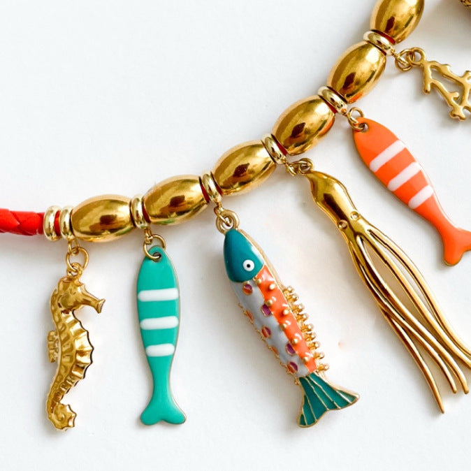 Collana con ciondolo a forma di polpo, cavalluccio marino, conchiglia e pesce pagliaccio in acciaio inossidabile placcato