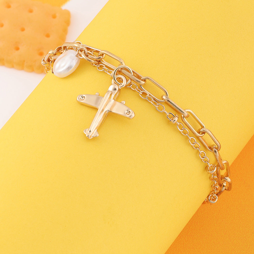 Bracciale doppio strato con ciondolo aereo geometrico per bambini, in lega placcata con strass