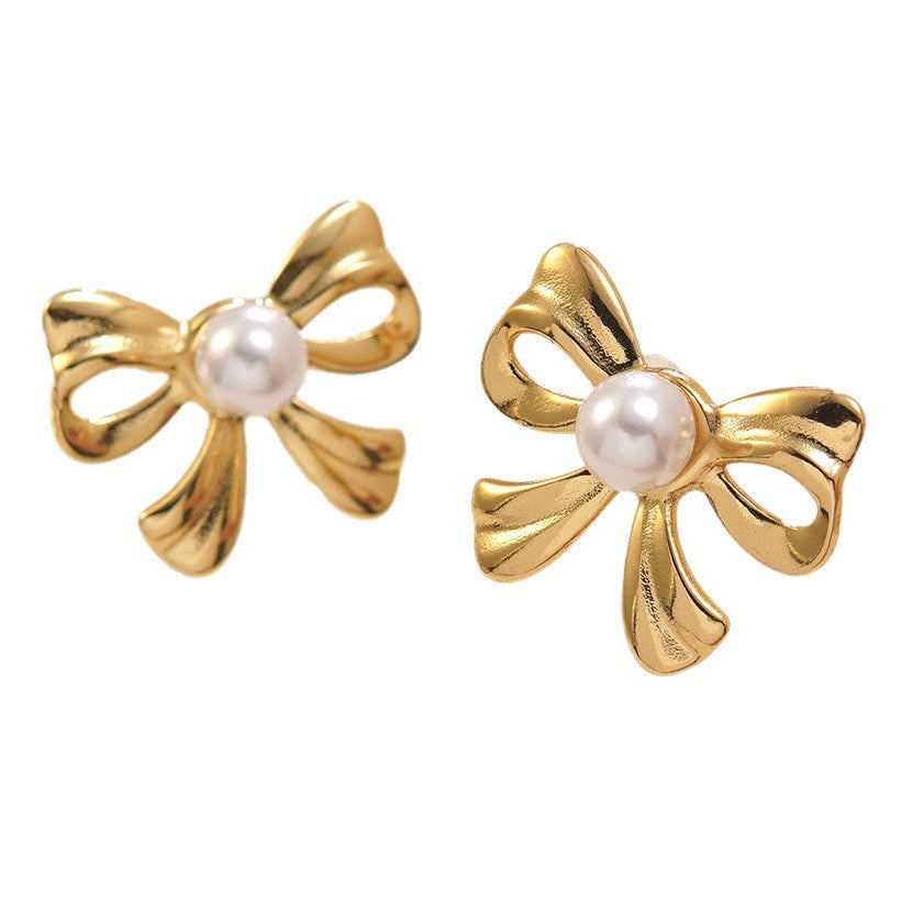 Luxury Stainless Steel Bow Knot Pearl Earrings for Women
