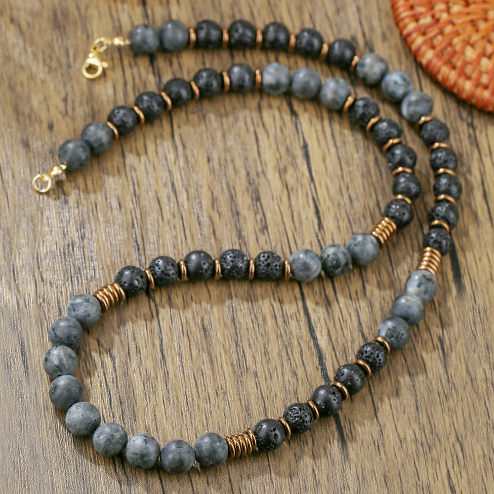 Hip-hop Handmade Geometric Round Volcanic Stone Flash Stone Hematite Beaded Necklace for Unisex with Cable Chain