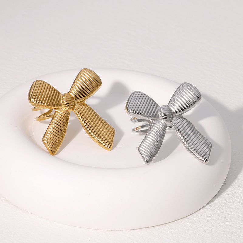 Elegant Vintage 18K Gold Plated Stainless Steel Bow Knot Stripe Open Ring for Women