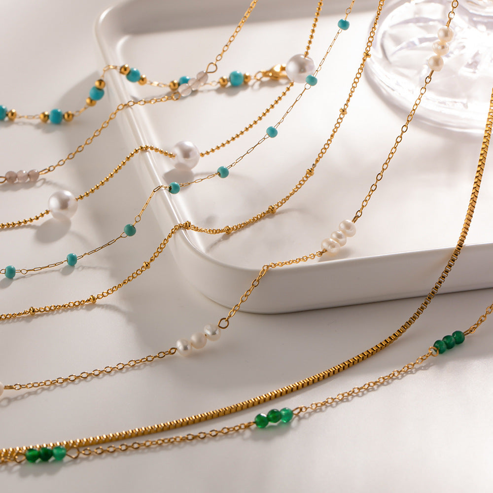 Trendy Geometric 18K Gold Plated Stainless Steel Pearl Necklace for Women