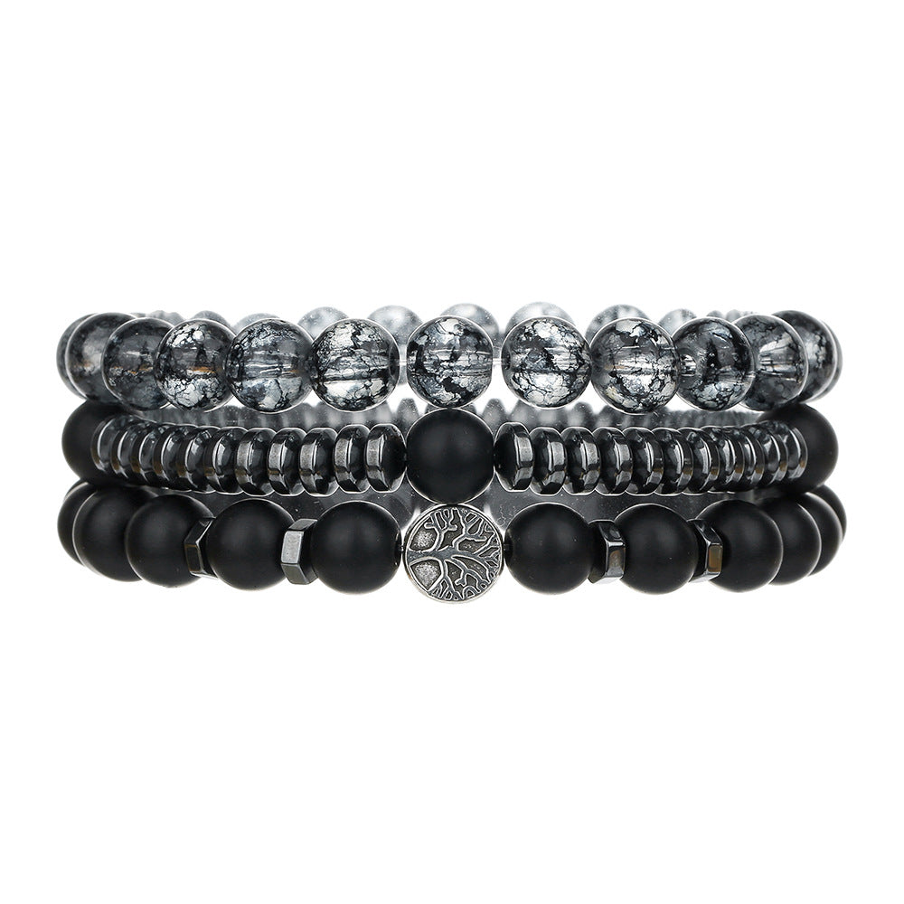Bohemian Vintage Round Matte Hematite Bead Bracelet Set Alloy Tree of Life Multi-layer Stacking