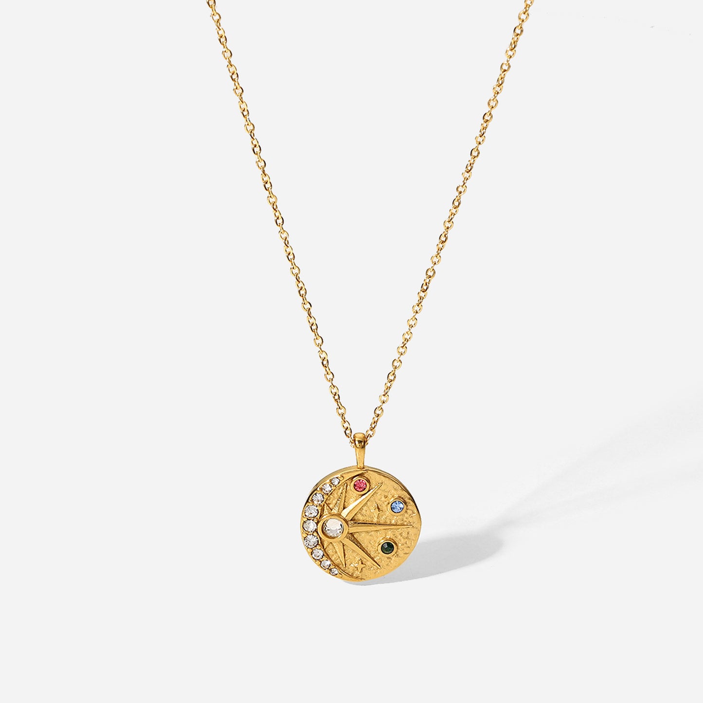 Cartoon Style Sun and Moon Relief Pendant Necklace in Stainless Steel with 18K Gold Plating and Colorful Zircon Inlay for Women