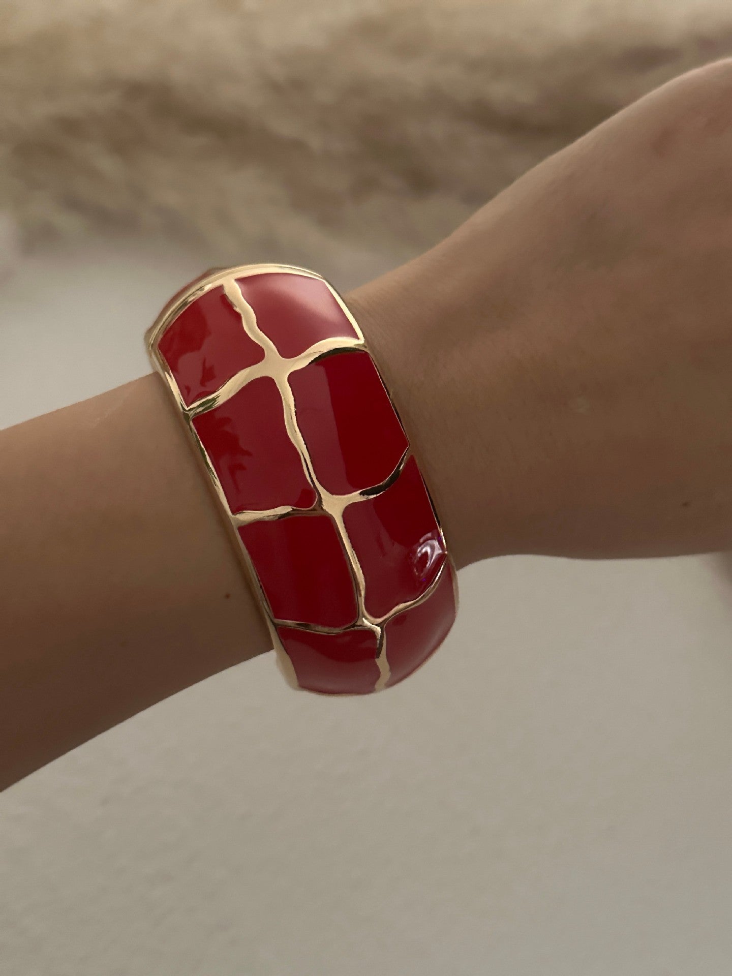Bracciale elastico aperto a cuore geometrico bohémien vintage rosso smaltato
