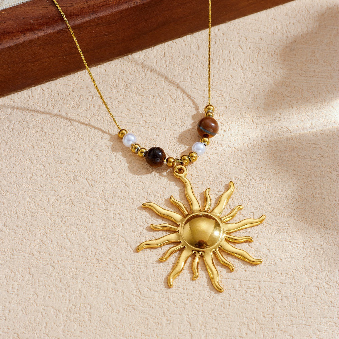 Bohemian Vintage Gold Plated Polished Sun Pendant Stainless Steel Snake Chain Necklace for Women