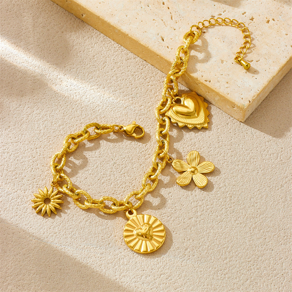 Elegante ciondolo per collana in acciaio inossidabile placcato oro, robusto, con design a cuore e floreale da donna