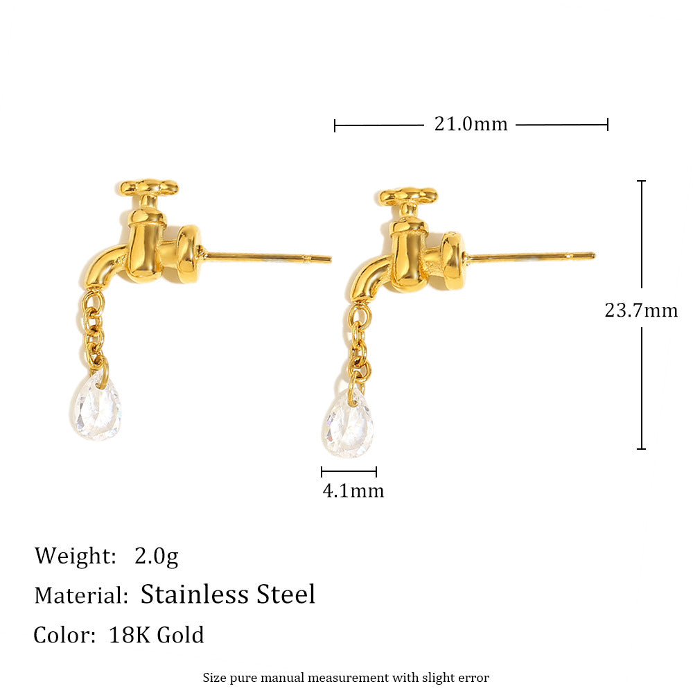 Fashionable Water-Drop-Shaped Stainless Steel Ear Studs with 18K Gold Plating and Faucet-Inspired Design for Women
