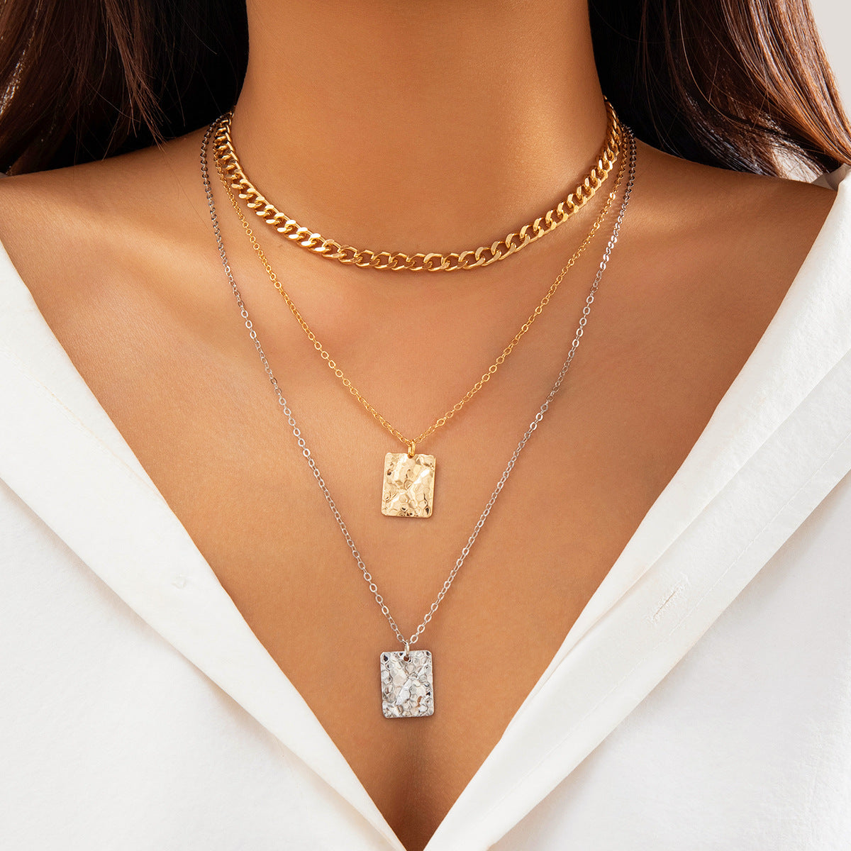 Hip-hop Geometric Square Crystal Pendant Plated Alloy Necklace Singapore Chain Layered Set for Women