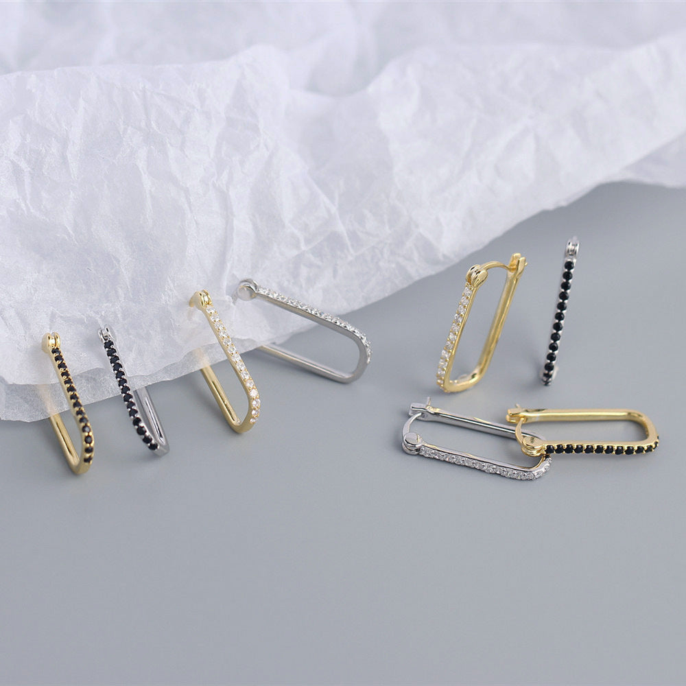 Minimalist 925 Sterling Silver Geometric Rectangle Inlaid Diamond Hoop Earrings for Women