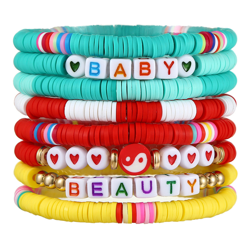 Bohemian Geometric Letter Polymer Clay Brass Acrylic Bracelet Set for Women