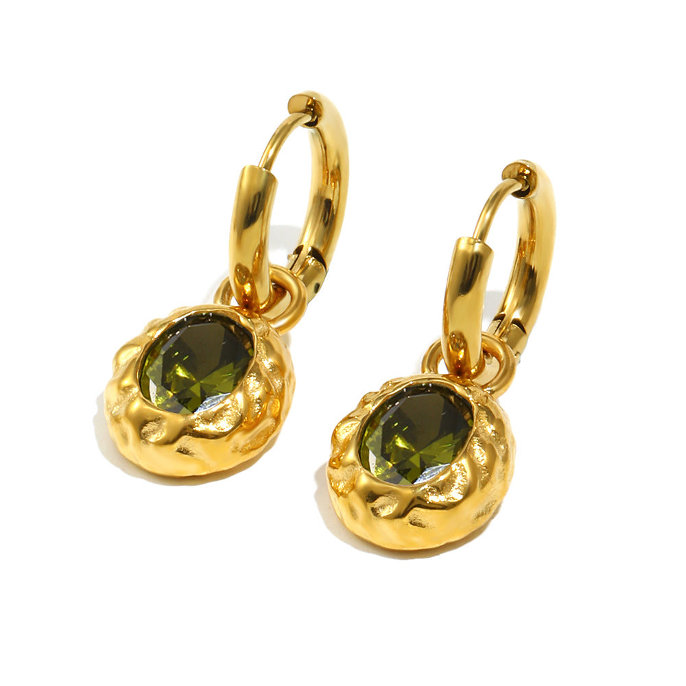 Orecchini a Cerchio Minimalisti Ovali in Acciaio Inossidabile Placcato Oro 18K con Texture Martellata e Piccolo Zircone