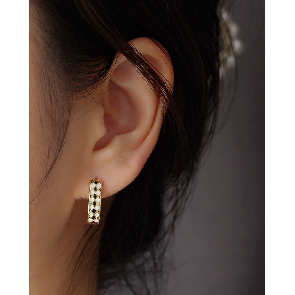 Sweet 925 Sterling Silver Geometric Checkered Drip Oil U-Shaped Hoop Earrings