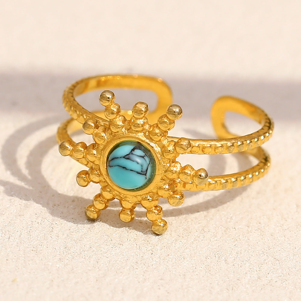 French Style Floral Sun-Shaped Stainless Steel Ring with 18K Gold Plating and Natural Turquoise for Women
