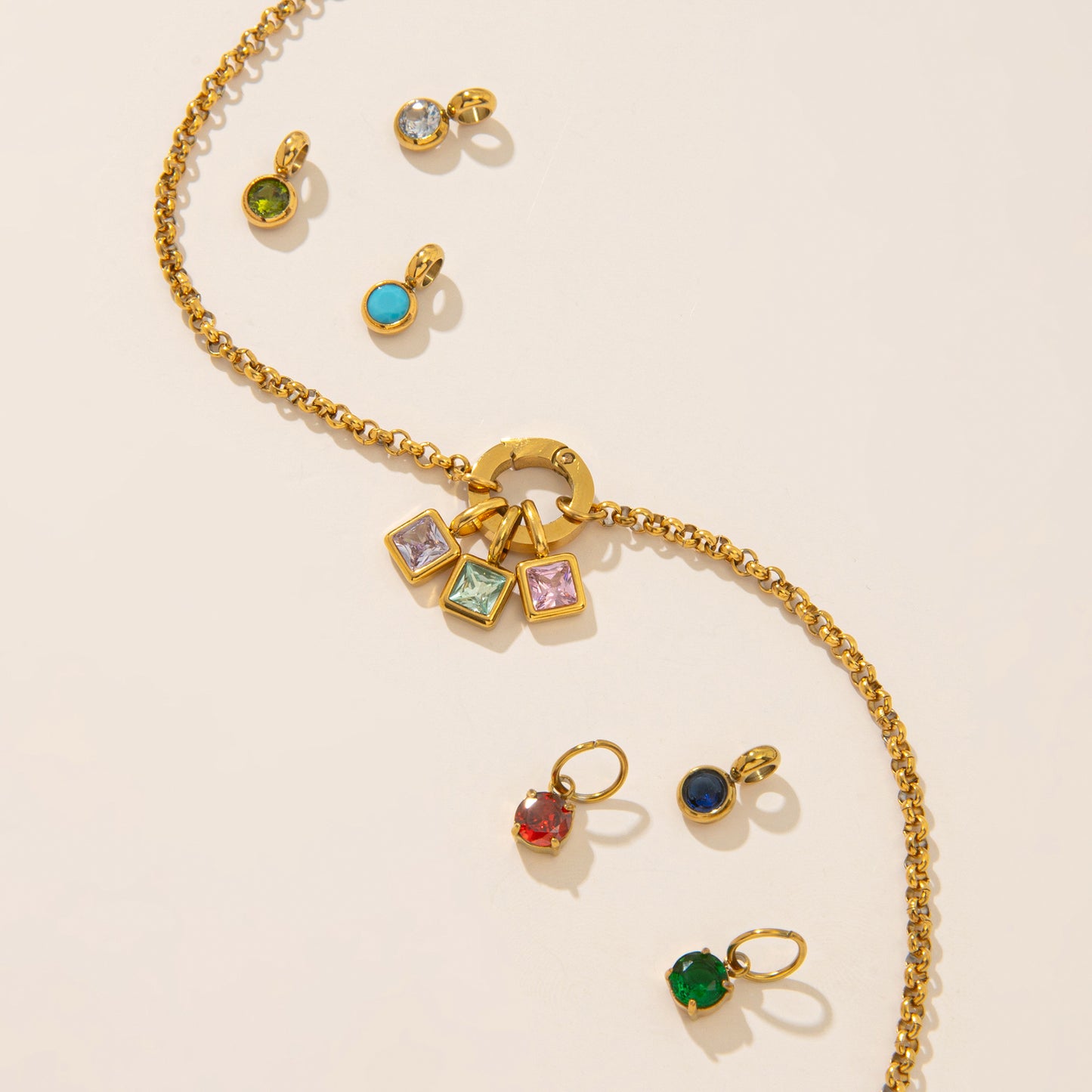 Vintage Geometric Stainless Steel 18K Gold Plated PVD DIY Charm Bar Necklace with 12 Birthstones