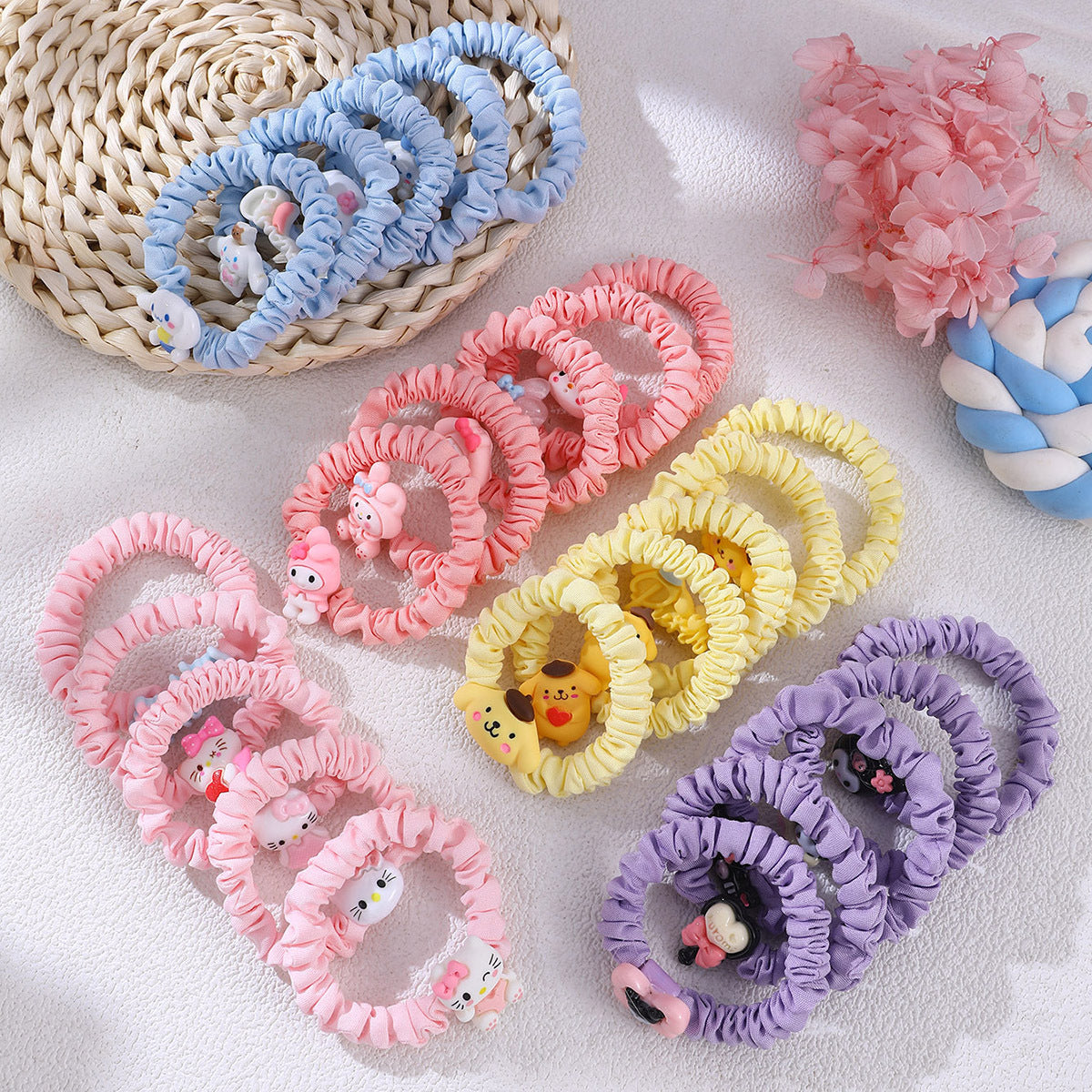 Cute Sanrio-Inspired Hair Tie for Girls with Cartoon Design, Knitted Fabric, Pastel Macaron Color, Sweet Kawaii Style Hair Accessory