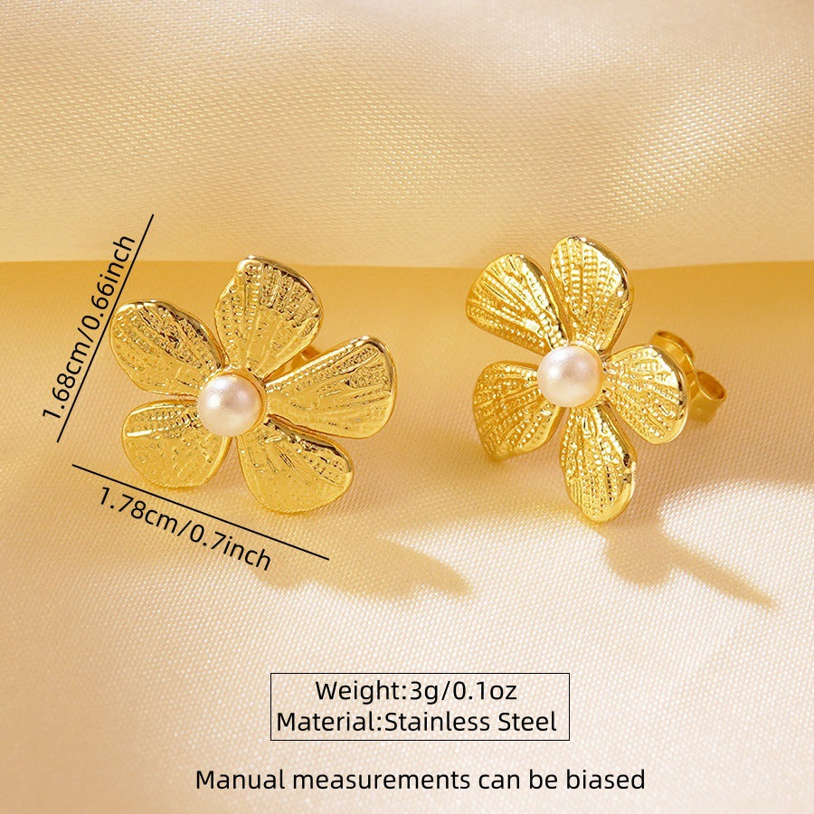 Luxury Floral Stainless Steel Stud Earrings with Pearl Inlay for Women