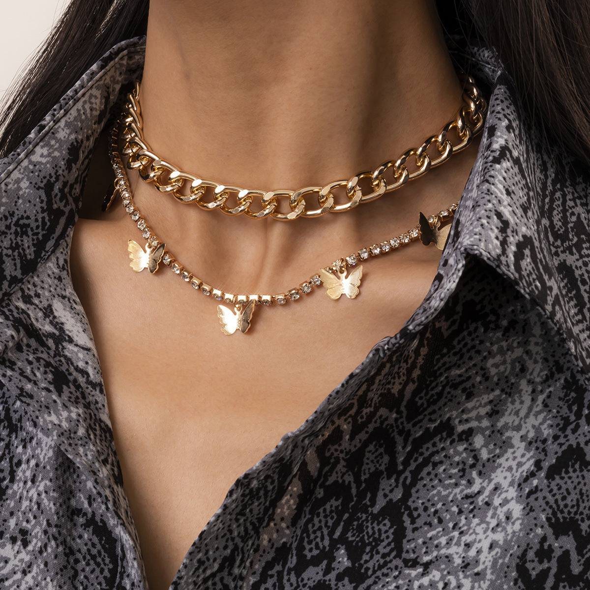 Minimalist Geometric Butterfly Rhinestone Alloy Plated Necklace with Curb Chain for Women