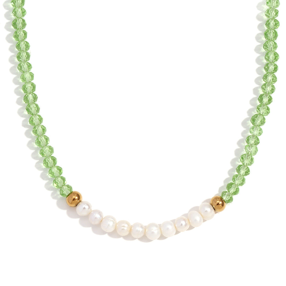 Minimalist Geometric Stainless Steel Pendant Necklace with Ten Freshwater Pearls and Green Faceted Crystals, Electroplated Finish