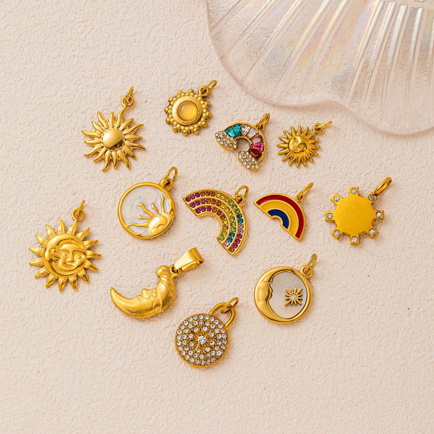 Vintage 18K Gold Plated Stainless Steel Sun Rainbow Charm Bar PVD