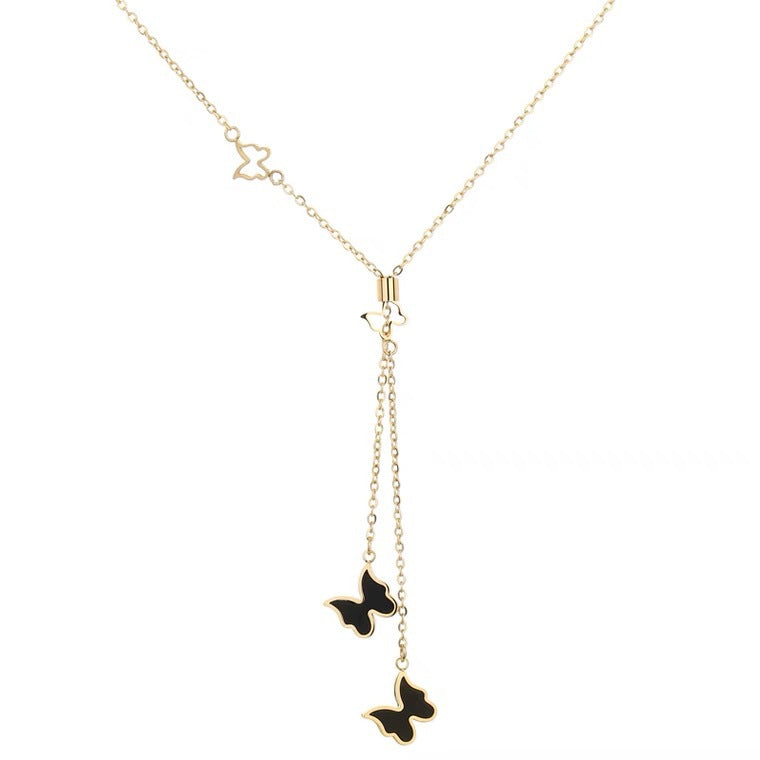 Adjustable Black and White Double-Sided Butterfly Pendant Necklace for Women in Titanium Steel with O-Chain Minimalist Sweet Elegant Clavicle Design