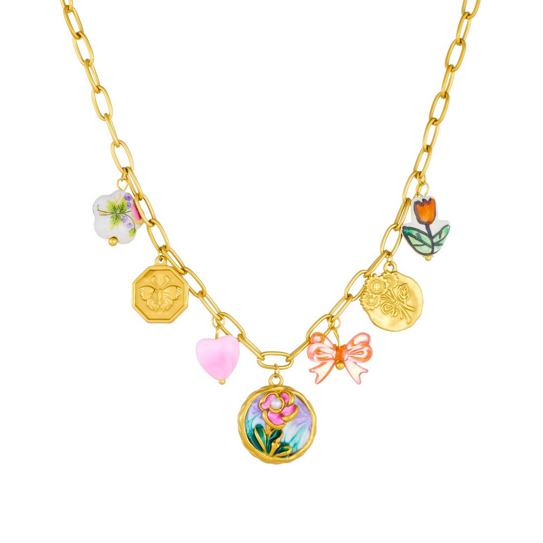 Vintage Elegant Gold Plated Enamel Round Flower Butterfly Stainless Steel Necklace and Bracelet Set for Women