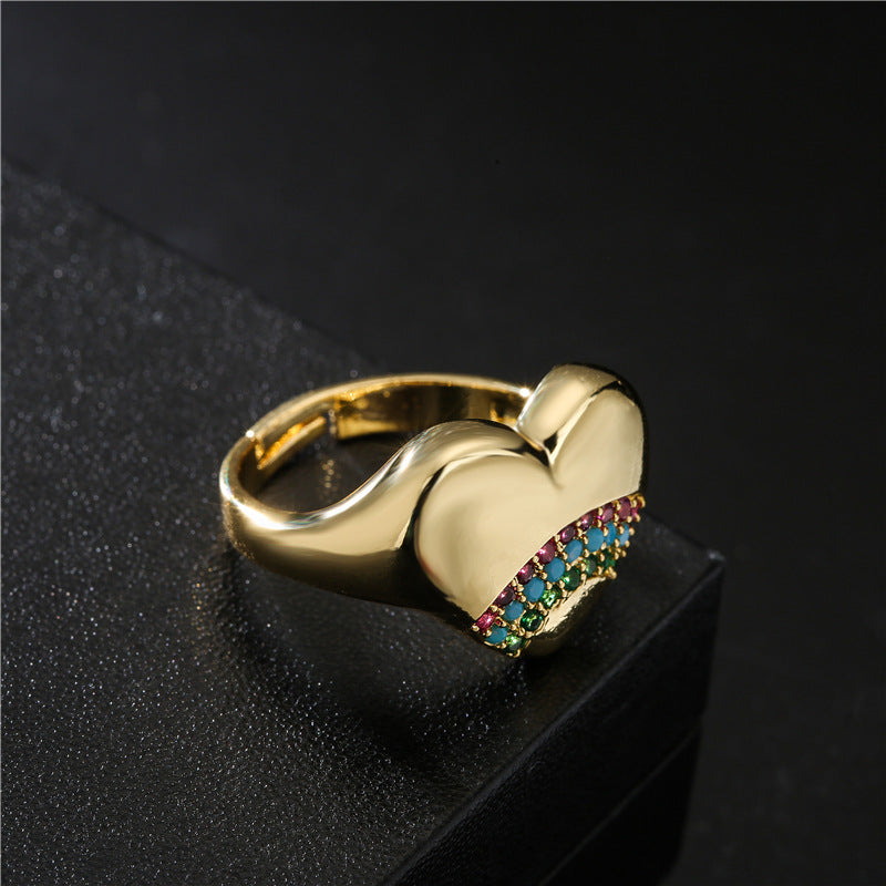 18K Gold Plated Brass Heart Ring with Micro-Inlay Rainbow Cubic Zirconia for Women