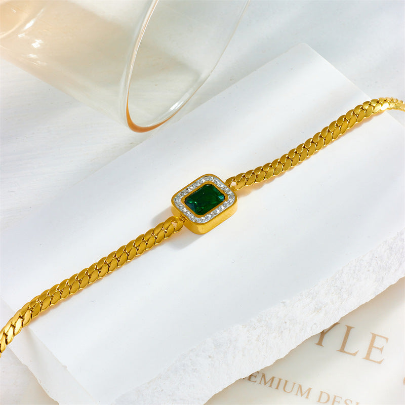 Bracciale da donna in Acciaio al titanio intrecciato minimalista vintage, verde, quadrato, intarsiato con strass