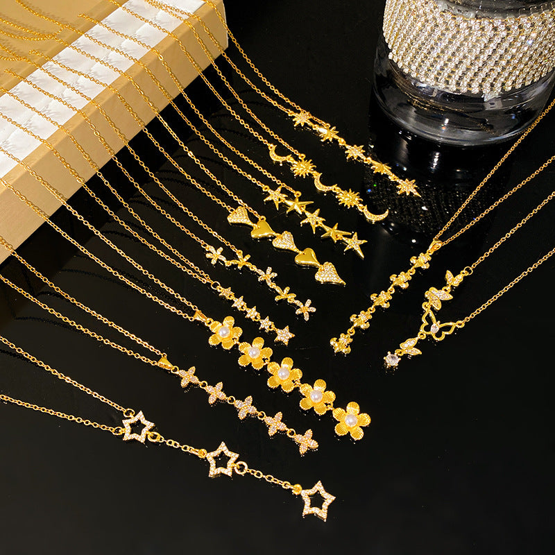 Micro-Paved Cubic Zirconia Star Floral Tassel Titanium Steel Necklace for Women