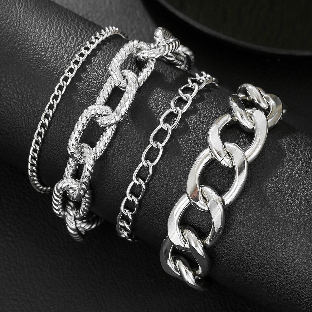 Multi-Layer Geometric Round Iron Plated Cuban Link Chain Bracelet Set